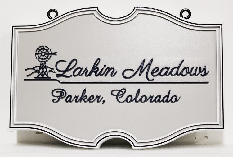 I18785 - Carved 2.5-D HDU Property Name  Sign for Larkin Meadows, Parker, Colorado,, with a Windmill as Artwork