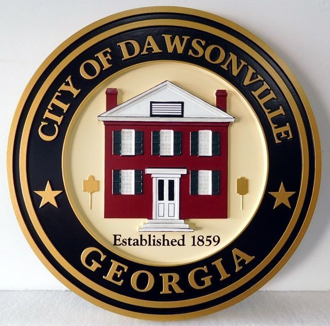 X33242 - Carved 2.5-D HDU Plaque of the Seal of the City of Dawsonville, Georgia