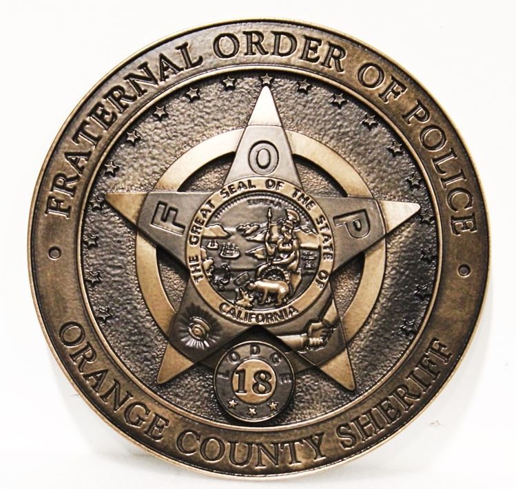 PP-1625 - Carved 3-D Bas-Relief Bronze-Plated HDU Plaque of the Star Badge of the Fraternal Order of the Police, Orange County Sheriff