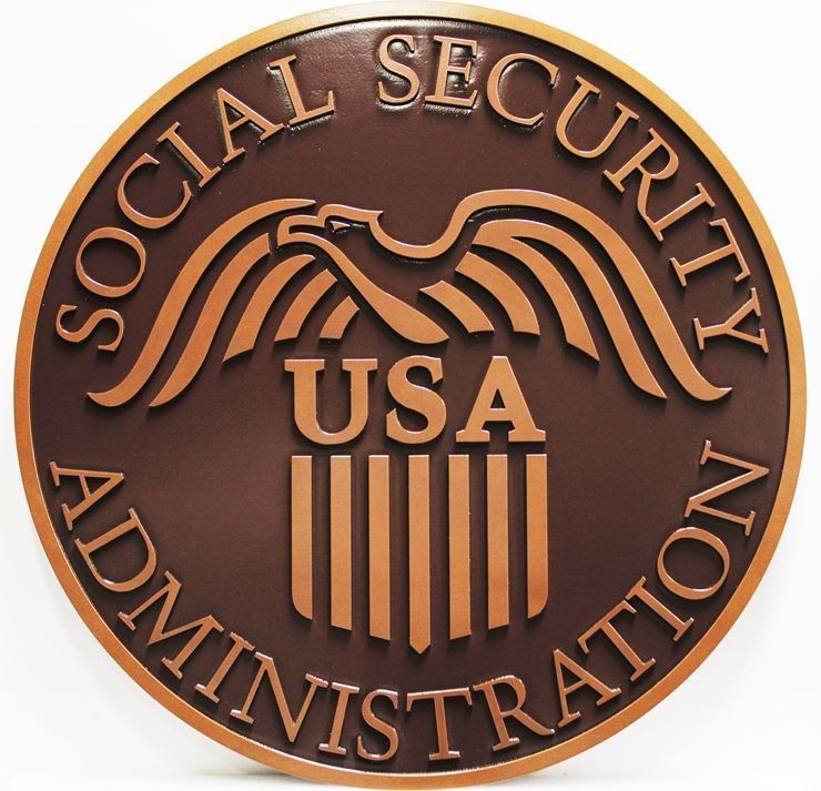 U30436 - Carved 2.5-D HDU Plaque of the Seal of the Social Security Administration, Painted in Bronze Colors