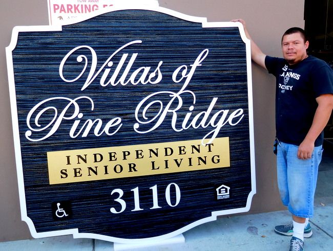 K20130 - Large Entrance Sign to Senior Residential Community "Villas of Pine Ridge", with Sandblasted Wood Grain Texture Background