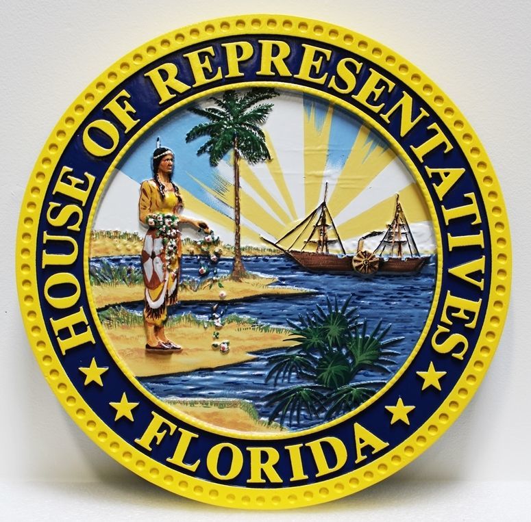 BP-1119 - Carved 3-D Artist-Painted HDU Plaque of the Seal of the House of Representatives of the State of Florida