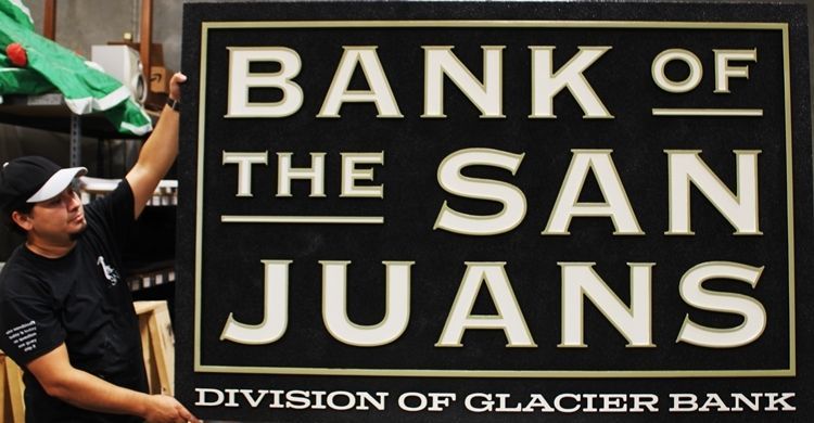 C12238 - High-Density-Urethane (HDU) Sign Carved in 2.5-D Raised Relief for the Bank of the San Juans.