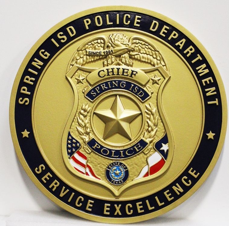 PP-1532 -  Carved 3-D Bas-Relief HDU Plaque of the Badge of the Chief of the Police Department of the Spring Integrated  School District (ISD) 