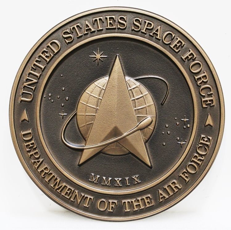 LP-1217 - Carved 3-D Bronze Painted HDU Plaque of the Seal of the United States Space Force, Department of the Air Force
