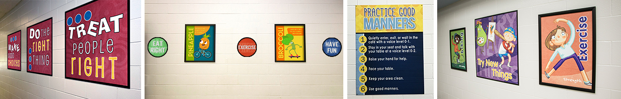 4 pictures of elementary school signs, good manners sign, exercise, treat people right custom signs