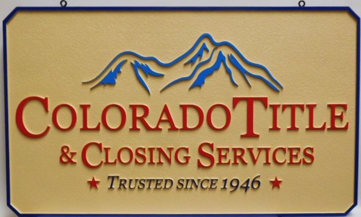 C12342 - Carved Hanging Sign for the Colorado Title & Closing Services Firm, 2.5-D Artist-Painted