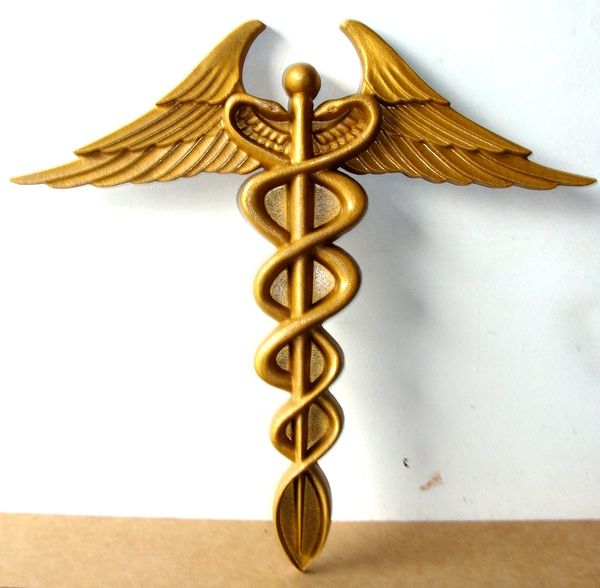 B11057 - Large Carved 3D Large Caduceus Symbol, Painted with Metallic Gold