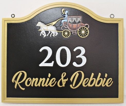 P25390- Carved HDU Property Name and Address Sign with Horse and Carriage Artwork