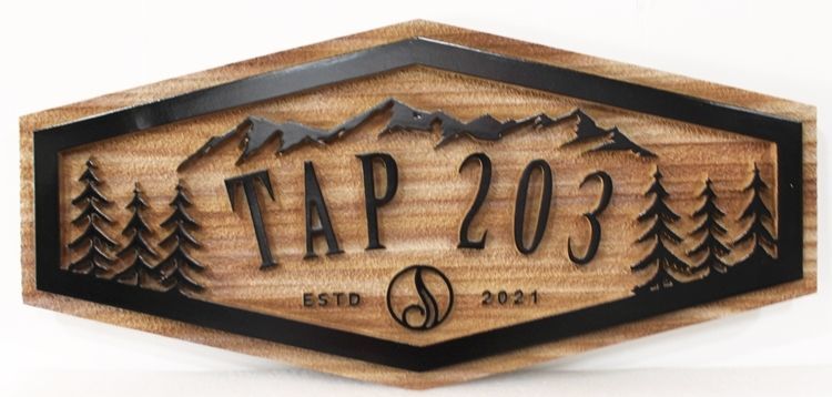 M22225 - Carved  2.5-D  Relief and Sandblasted Wood Grain  HDU Property Name Sign, "Tap 203".