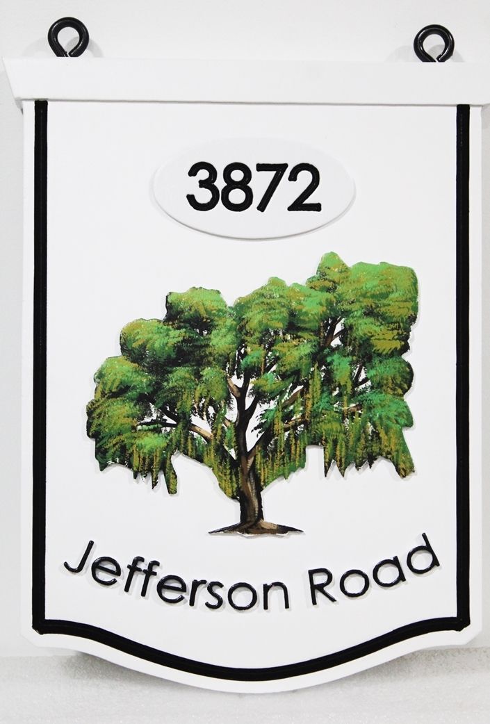 I18302 -  Carved HDU Hanging Entrance and Address Sign for a Residence, with a Willow Tree as Artwork 