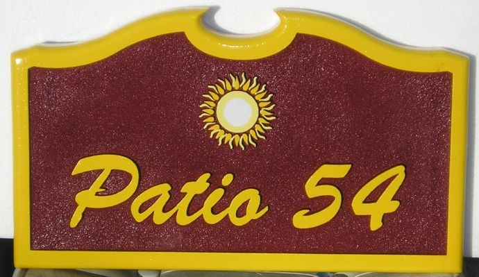 I18792 - Carved and Sandblasted Property Name Sign "Patio 54", with Sun Artwork