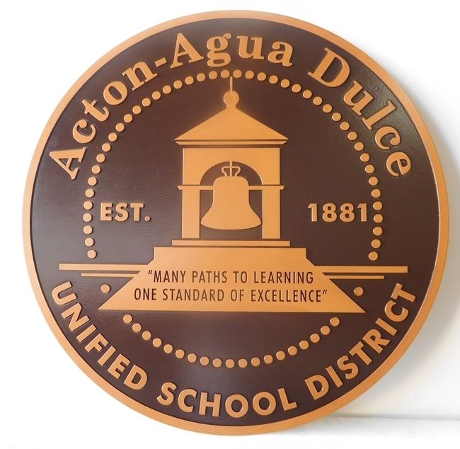TP-1180 - Carved Wall Plaque of the Seal / Logo of Acton-Agua Dulce Unified School District,  Painted Metallic Bronze 