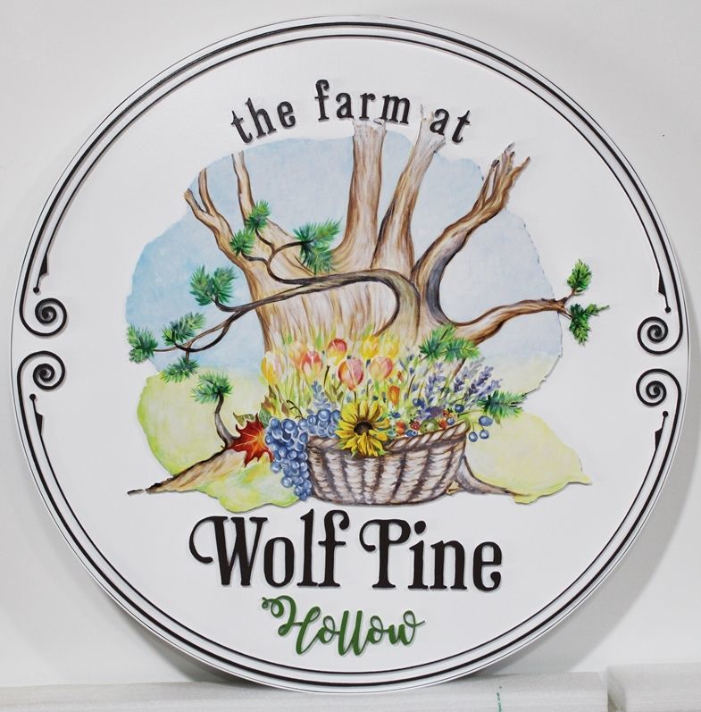 Q24847 - Carved  HDU  Sign for  the Farm at Wolf Creek Hollow, with an Old Tree and Basket of Flowers as Artwork