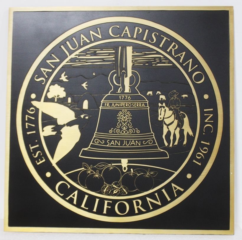 DP-2062 - Carved Multi-Level and Engraved Wall Plaque of the Seal of the City of San Juan Capistrano, California