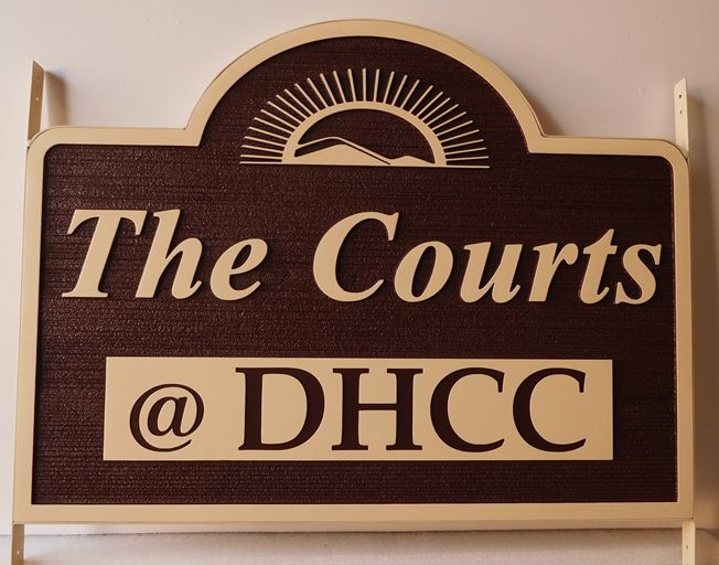 K20222  - Carved HDU Sign,  for "The Courts" apartment Complex. with Wood Grain Sandblasted Background