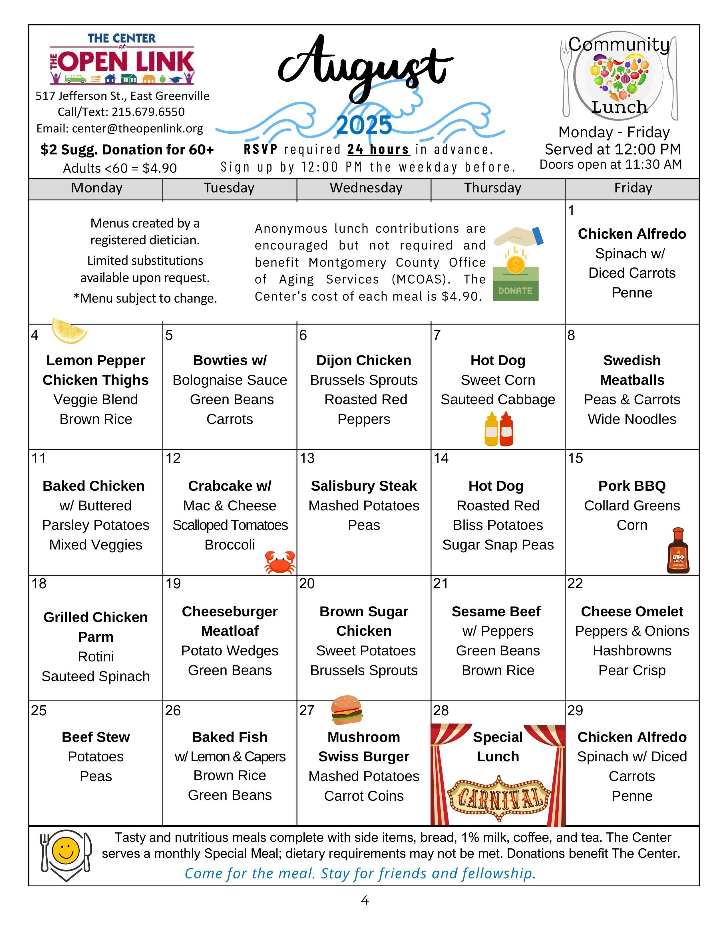 August 2025 Menu