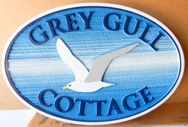 L21614 - Carved HDU Property Name Sign "Grey Gull Cottage" with Sea Gull in Flight 