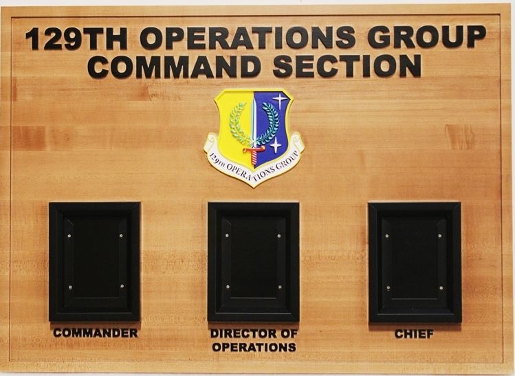 SA1395- Redwood Command Board for Air Force 4th Security Forces Squadron, with Carved Shield Crest and Photo Frames