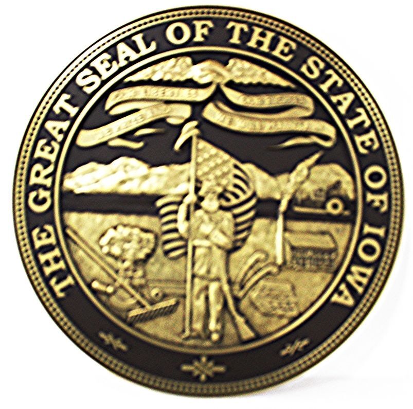 BP-1223A- Carved Plaque of the Seal of the State of Iowa, Painted Bright Gold