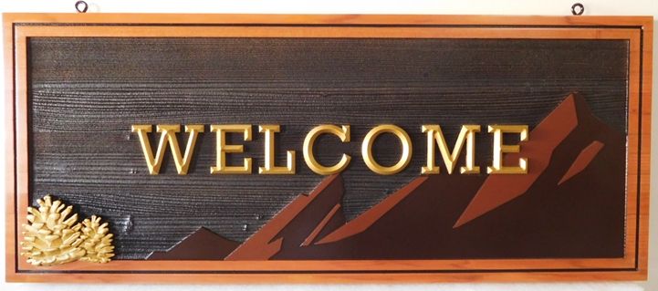  M22108 - Cedar Wood Welcome Sign  for a Cabin, with  Carved Prismatic 3D Text, a Mountain Range, and a 3D Carved