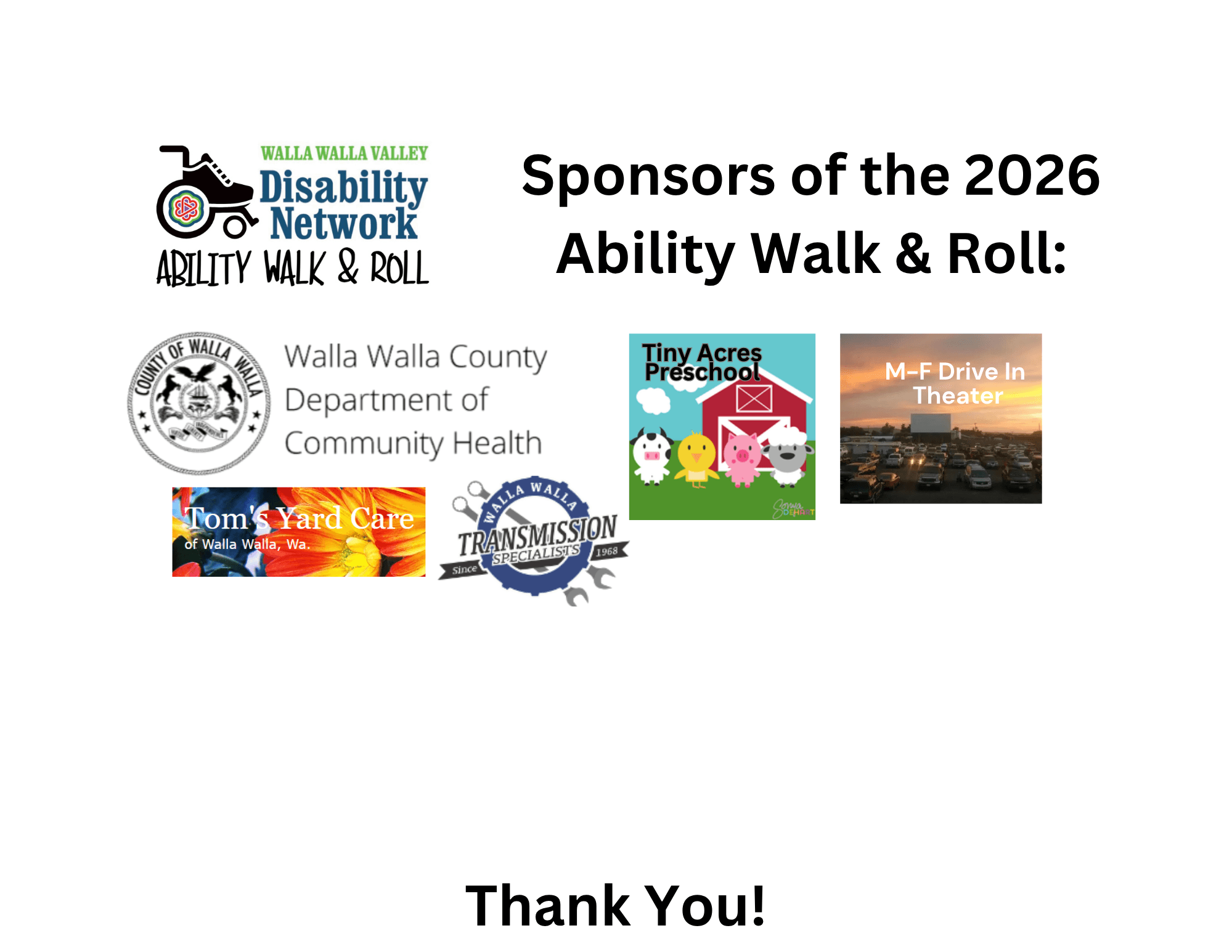 Logos for Walla Walla Community Health, Tiny Tots Preschool, Milton Freewater Drive In Theater, Tom's Yard Care