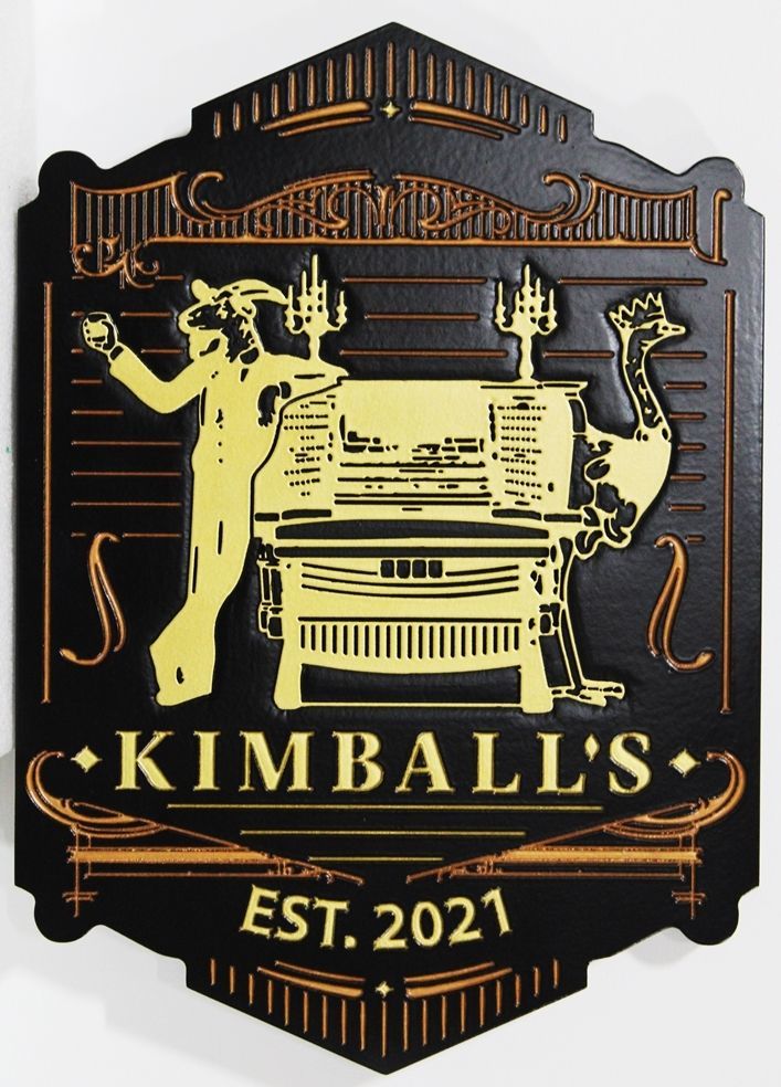 RB27641- Carved 2.5-D  Raised and Engraved Relief  Sign  for  Kimball's  Pub with a Satyr and Ostrich Standing next to a Piano as Artwork 
