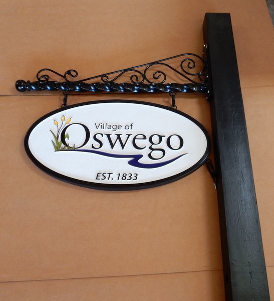 M4752 - Cedar Wood 6" x 6" Post with a Horizontal Wrought Iron Scroll Bracket with Hanging HDU  Sign for the City of Oswego, New York