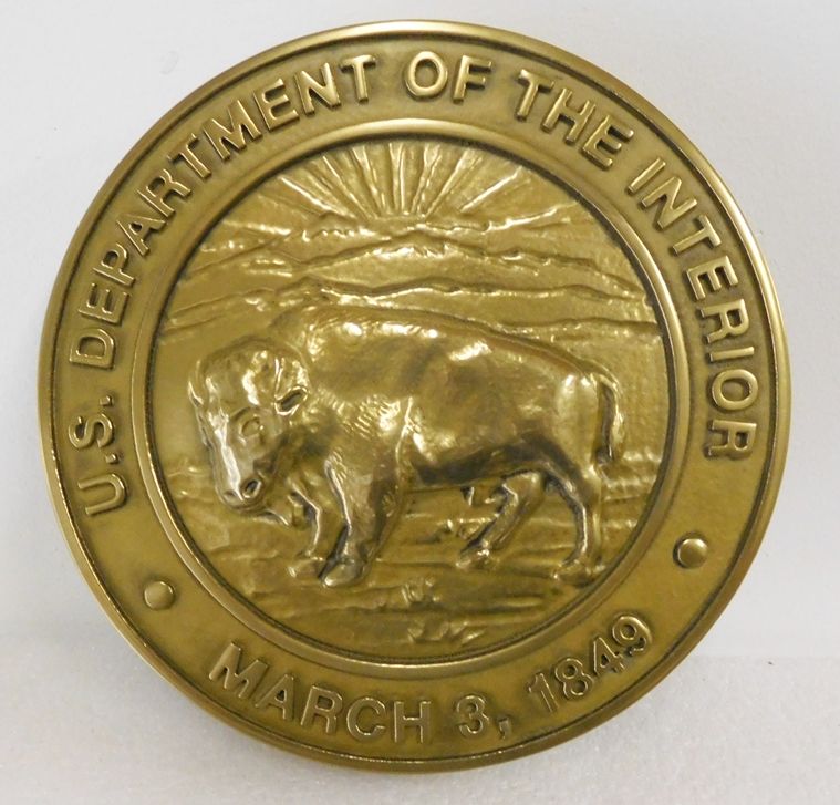 U30183 -  3-D Bas-Relief Brass Plaque of the Seal of the Department of the Interior, with Bison