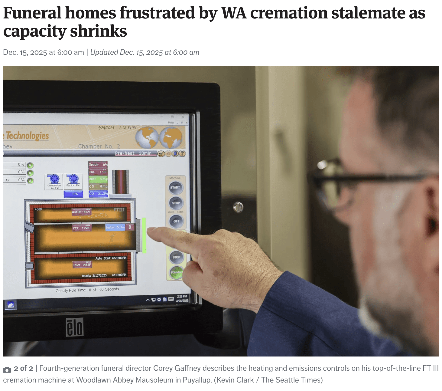Seattle Times article: Funeral homes frustrated by WA cremation stalemate as capacity shrinks