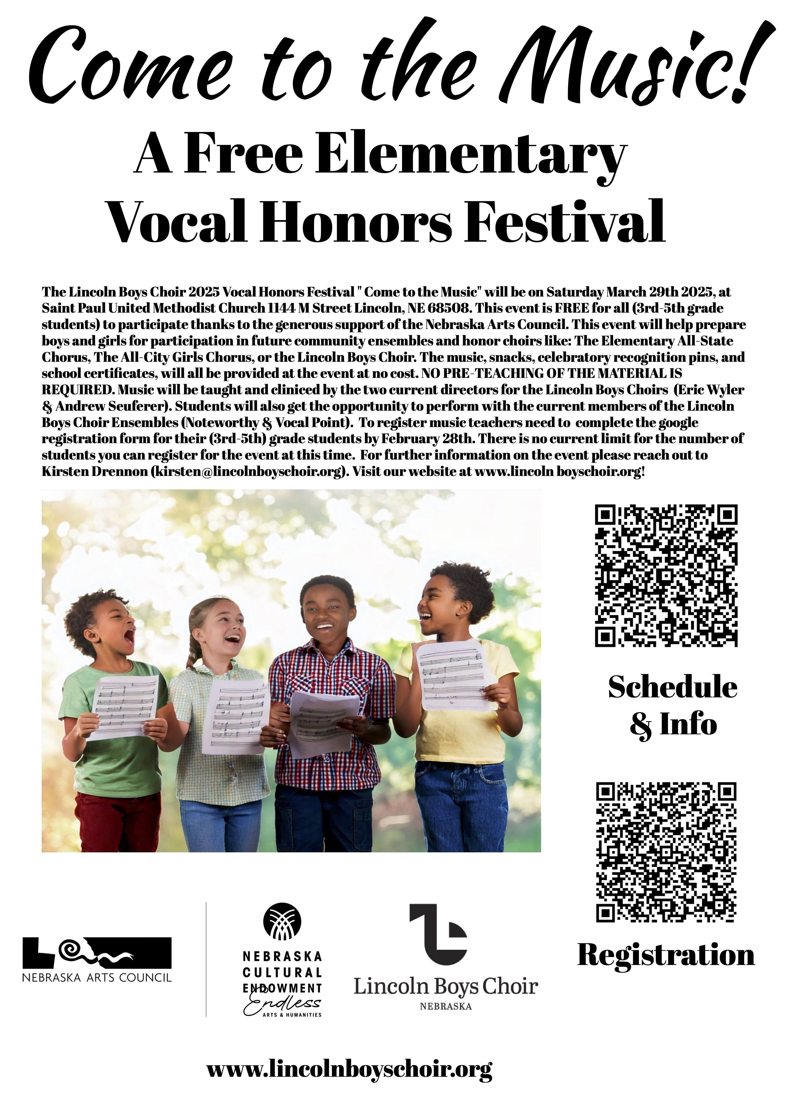 Flyer for 2025 Come to the Music Elementary Vocal Honors Festival