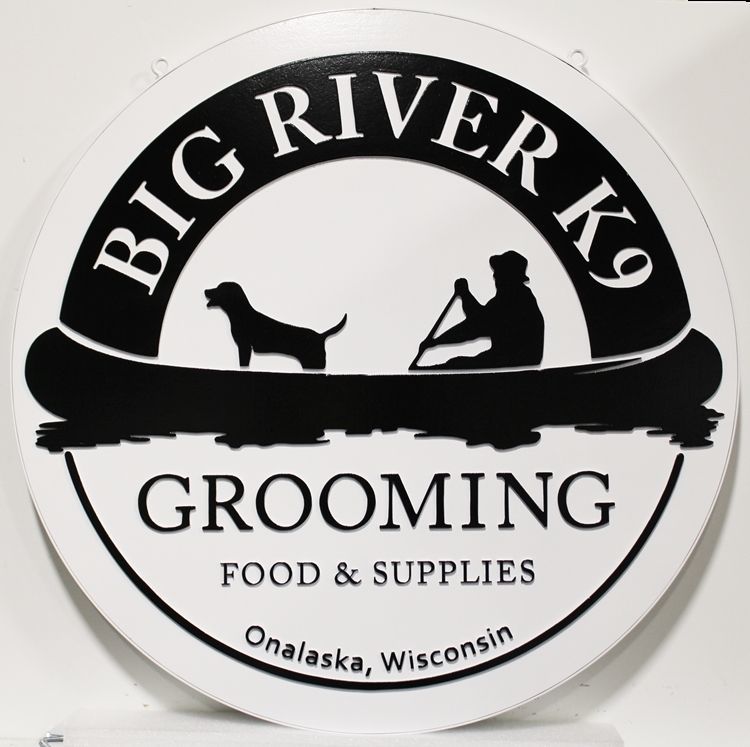 BB11786 - Carved HDU Round sSgn for the"Big River K9 Grooming Food & Supplies Store" , with the  Profiles of a Man and a Dog in a Canoe  as Artwork