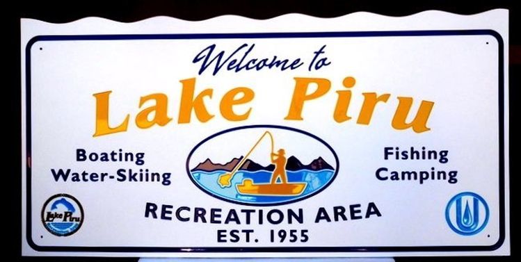 M9020  -Engraved White Color-Core High-Density Polyethylene (HDPE) Lake Piru Sign, with Multi-Color Epoxy Resin Filled Areas