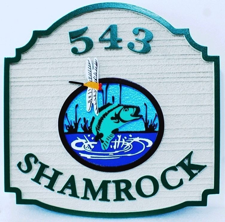 M22582 - Carved 2.5-D HDU Address Sign "543 Shamrock", with  a Leaping Trout and a Dragonfly as Artwork
