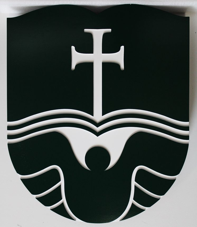 XP-3017 - Engraved HDU Plaque of the Coat-of-Arms of a Church, with a Styiized Cross as Artwork