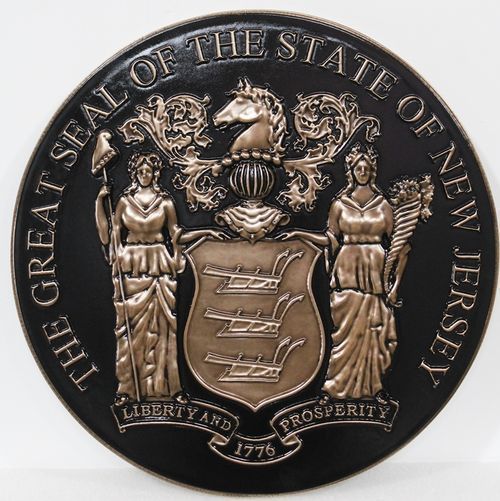 BP-1443 - Carved 3-D bas-Relief Bronze-Plated HDU Plaque of the Great Seal of the State of New Jersey Great Seal of the State of New Jersey 