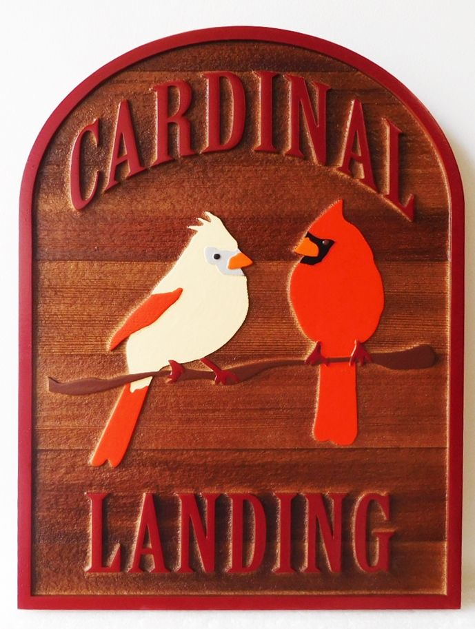 I18945- Carved Cedar Wood Residence Name Sign "The Cardinal Landing", with Two Cardinal Birds Perched on a Branch as Artwork