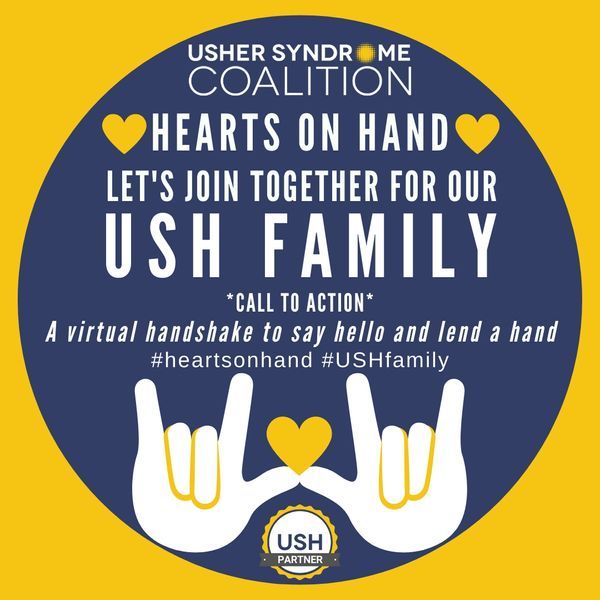 Image description: Yellow square with blue circle inside. Centered at top of blue circle is the Usher Syndrome Coalition logo. At the bottom are two hands in the “I love you” handshape, facing out. Yellow heart sits where the thumbs touch. USH Pa