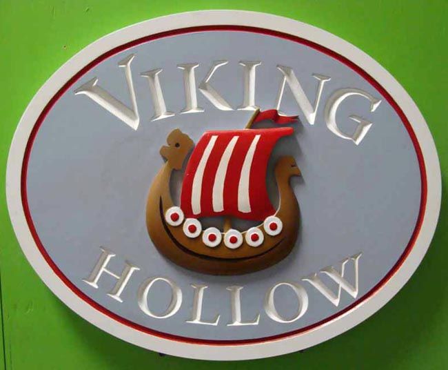 I18710 -  Property Name Sign "Viking Hollow', with 3D Carved Longship