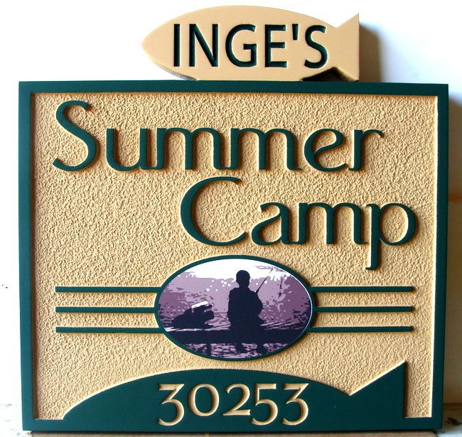 G16317 - Sign for Summer Camp with Carved Fish and Image of Boy Fishing