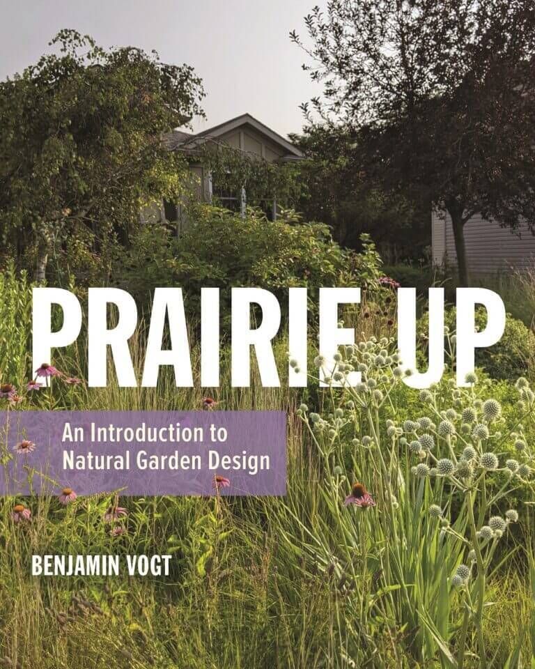 The cover of a book titled Prairie Up, featuring a house in the background with prairie flowers and grasses in the foreground.