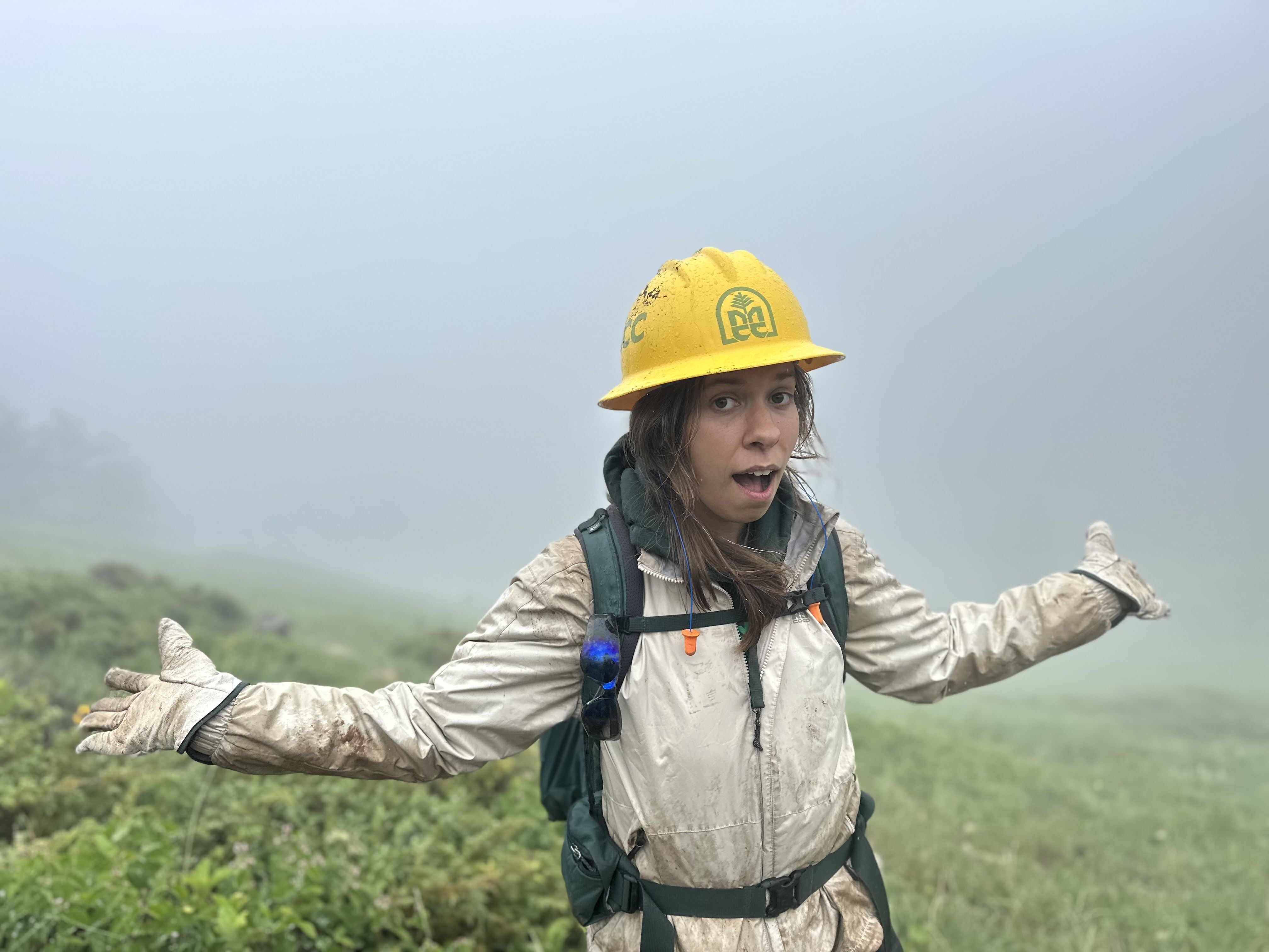 A crew member wearing a yellow hard hat gestures and looks surprised at the camera, in a grassy field surrounded by fog.