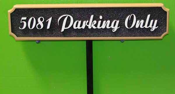 H17732 -  Carved and Sandblasted Wood Grain HDU  Reserved "3081 Parking Only" Sign, with Steel Post