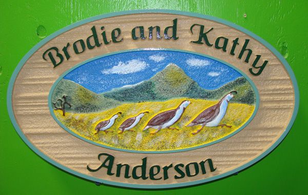 O24634 - Carved California Quail Family Sign with Names of Owners