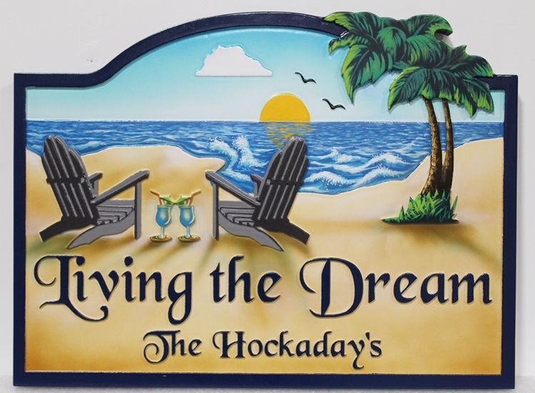 L21026 – Carved 2.5D HDU Beach House Sign, “Living the Dream”, with Two Chairs facing Ocean