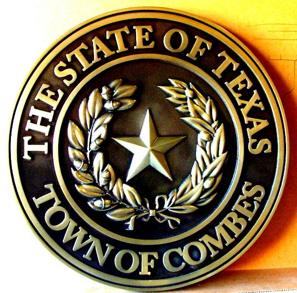 W32463  - Brass 3-D Wall Plaque of the Great Seal of the State of Texas, with dark patina