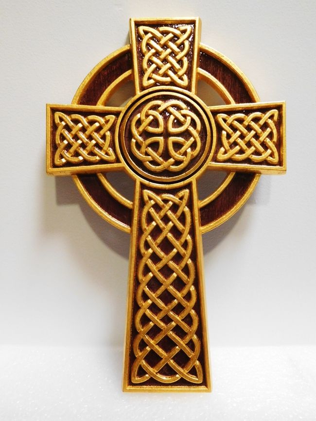 UP-1135 - Carved Plaque of Ornamental Celtic Cross with Celtic Knots, 3-D Artist-Painted 