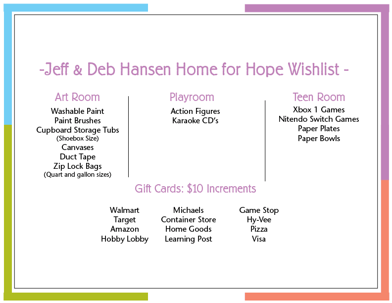 Jeff & Deb Hansen Home for Hope Wishlist 