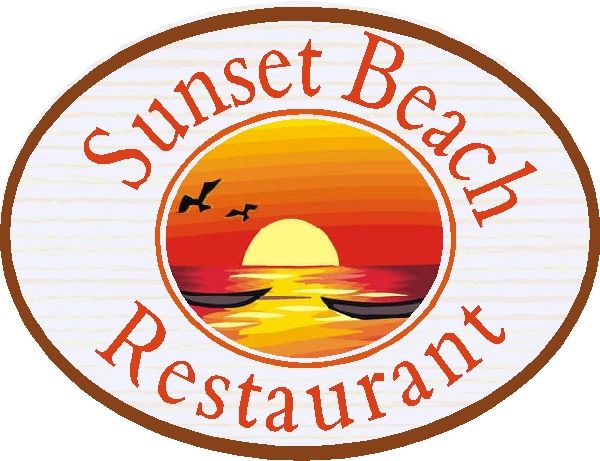 Q25166 - Design of Carved HDU Sunset Beach Restaurant Sign with Carved Setting Sun, Ocean, Boats and Seagulls