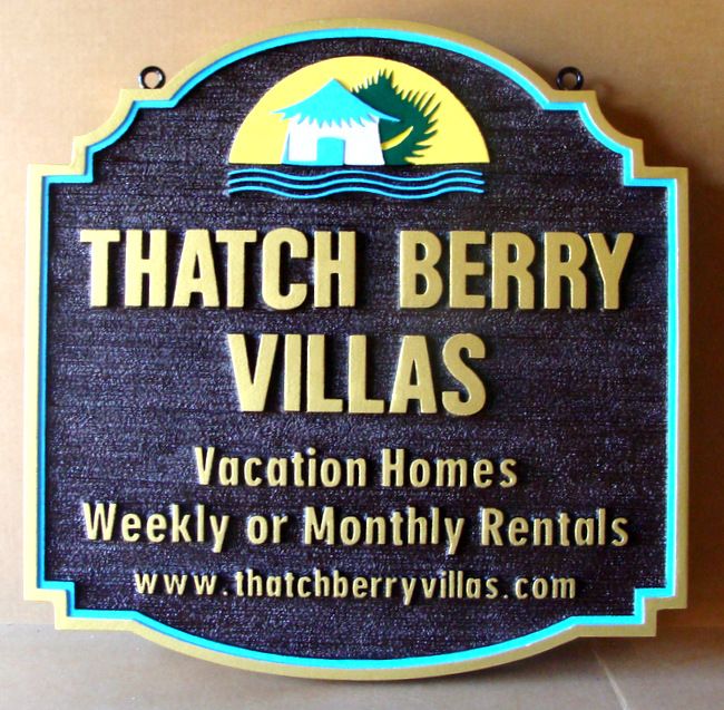 K20180 - Carved and Sandblasted HDU Address Sign for the "Thatch Berry Villas " Vacation Homes, with  Hut 